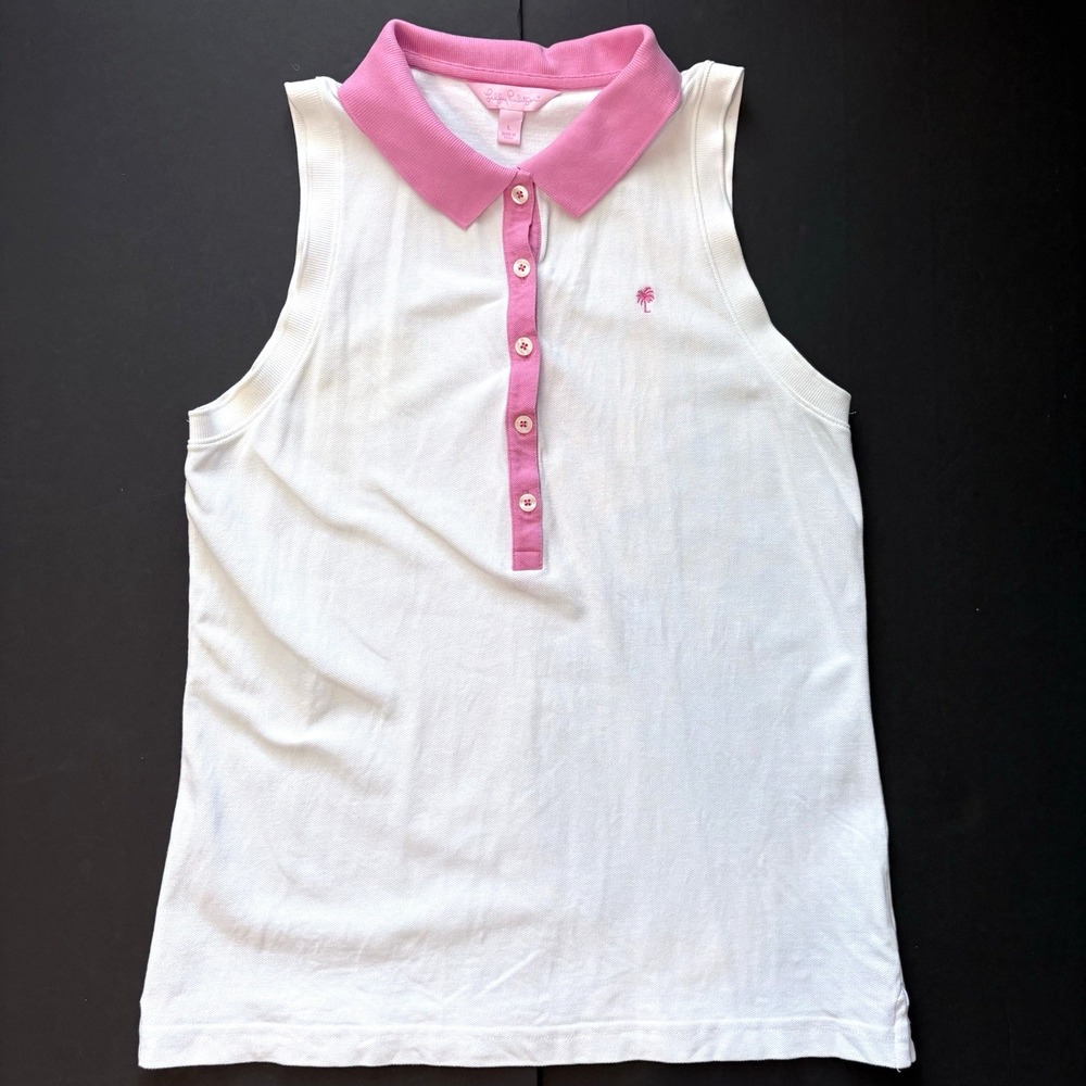 Lilly Pulitzer Large Sleeveless Polo White With Pink Trim Palm Tree Golf Tennis